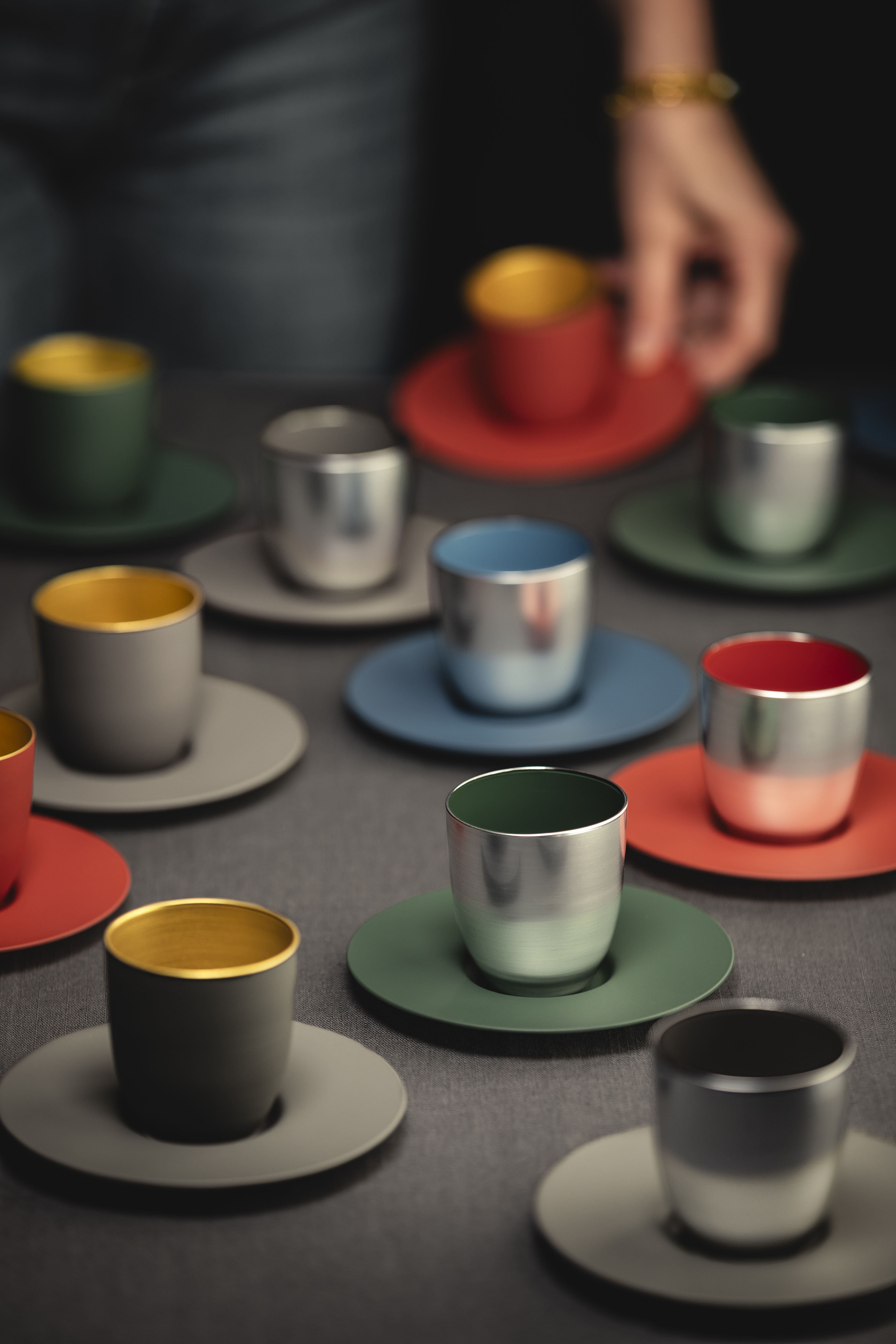Different coloured espresso sets from Cosmo Collect
