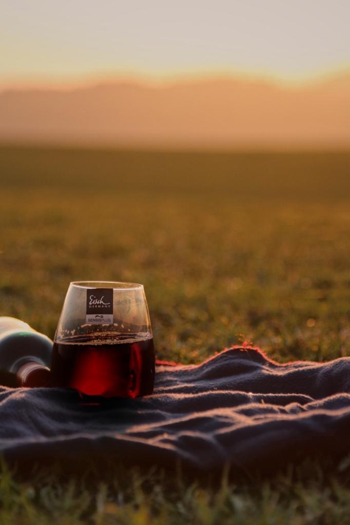 Picnic blanket on a lawn with a cup from Eisch
