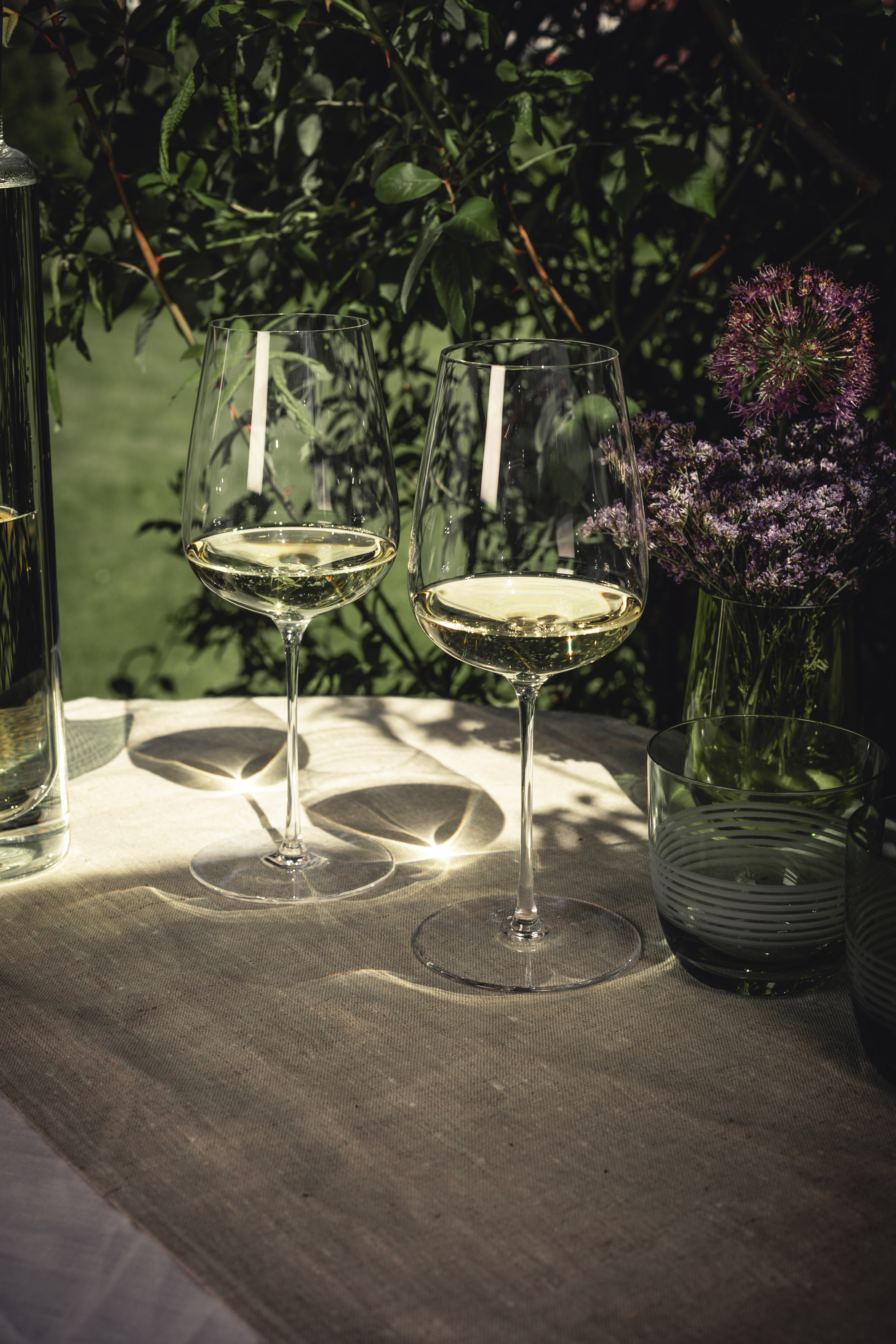 Two white wine glasses in sunshine in front of a green garden