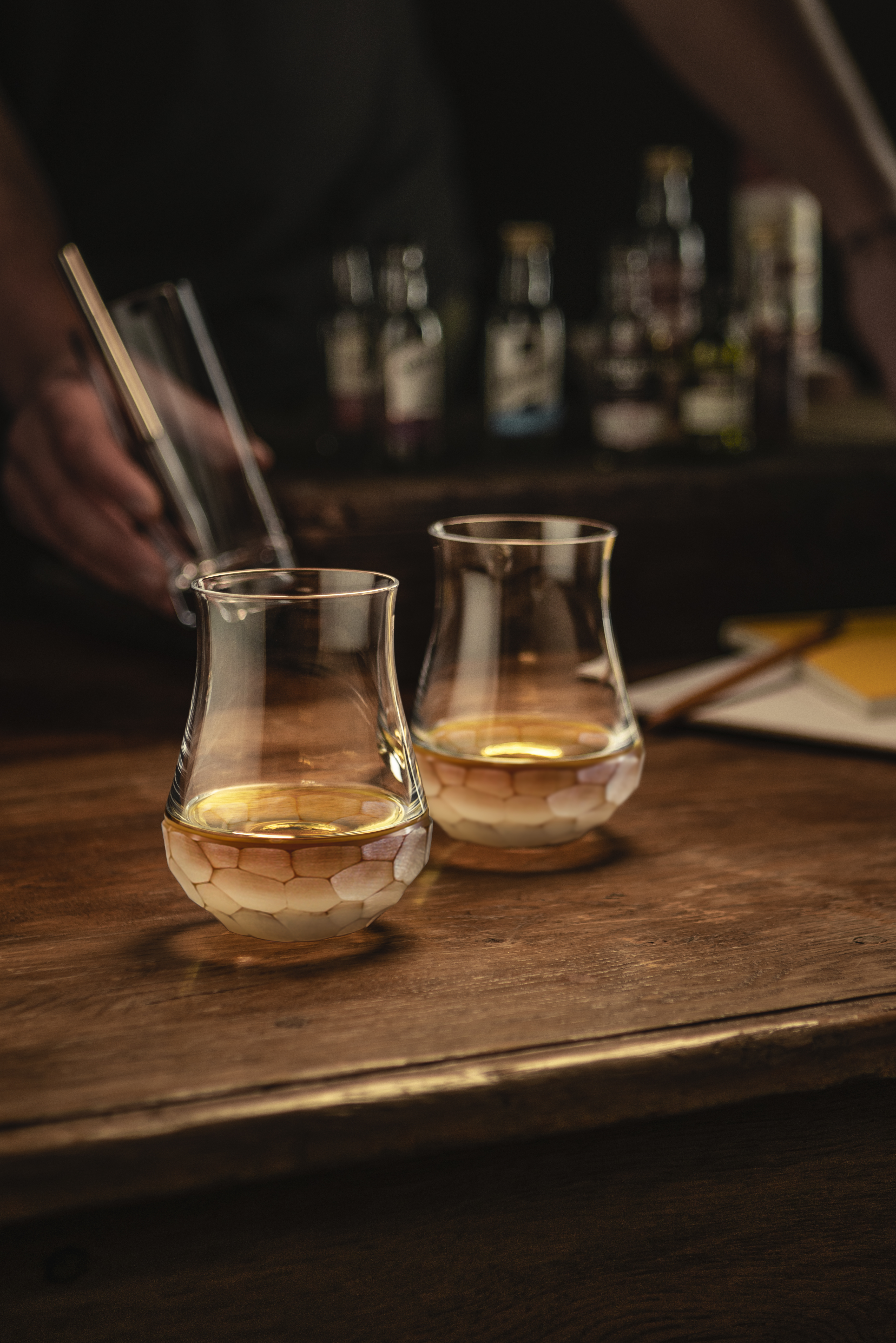 Two Hamilton whisky nosing glasses on the bar