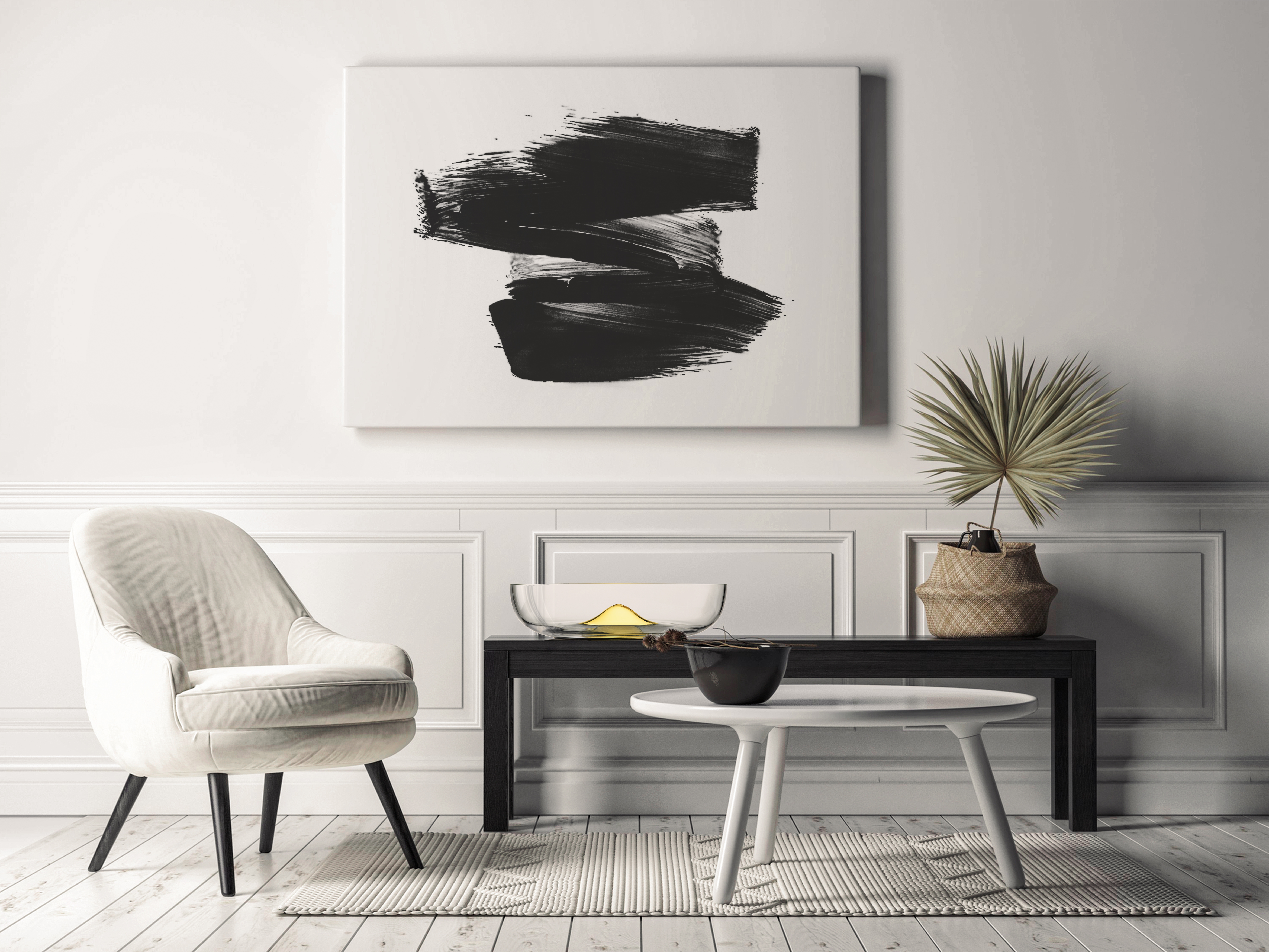 Modernes Wohnzimmer mit goldener Schale der Serie Cali auf dem Beistelltisch