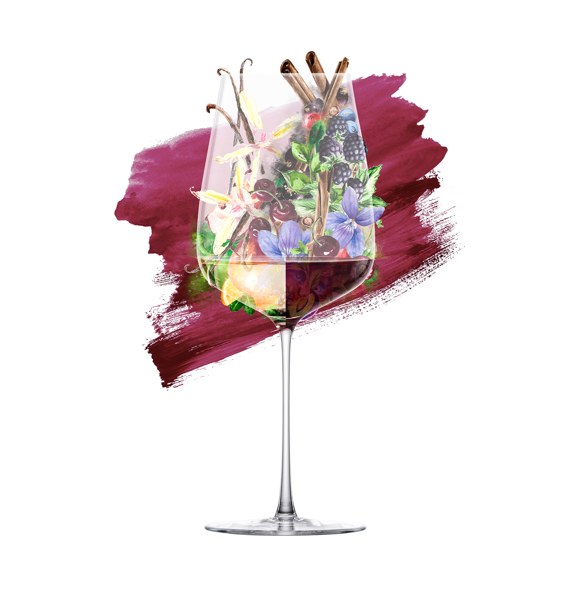 Glass with aroma images in front of a dark red background