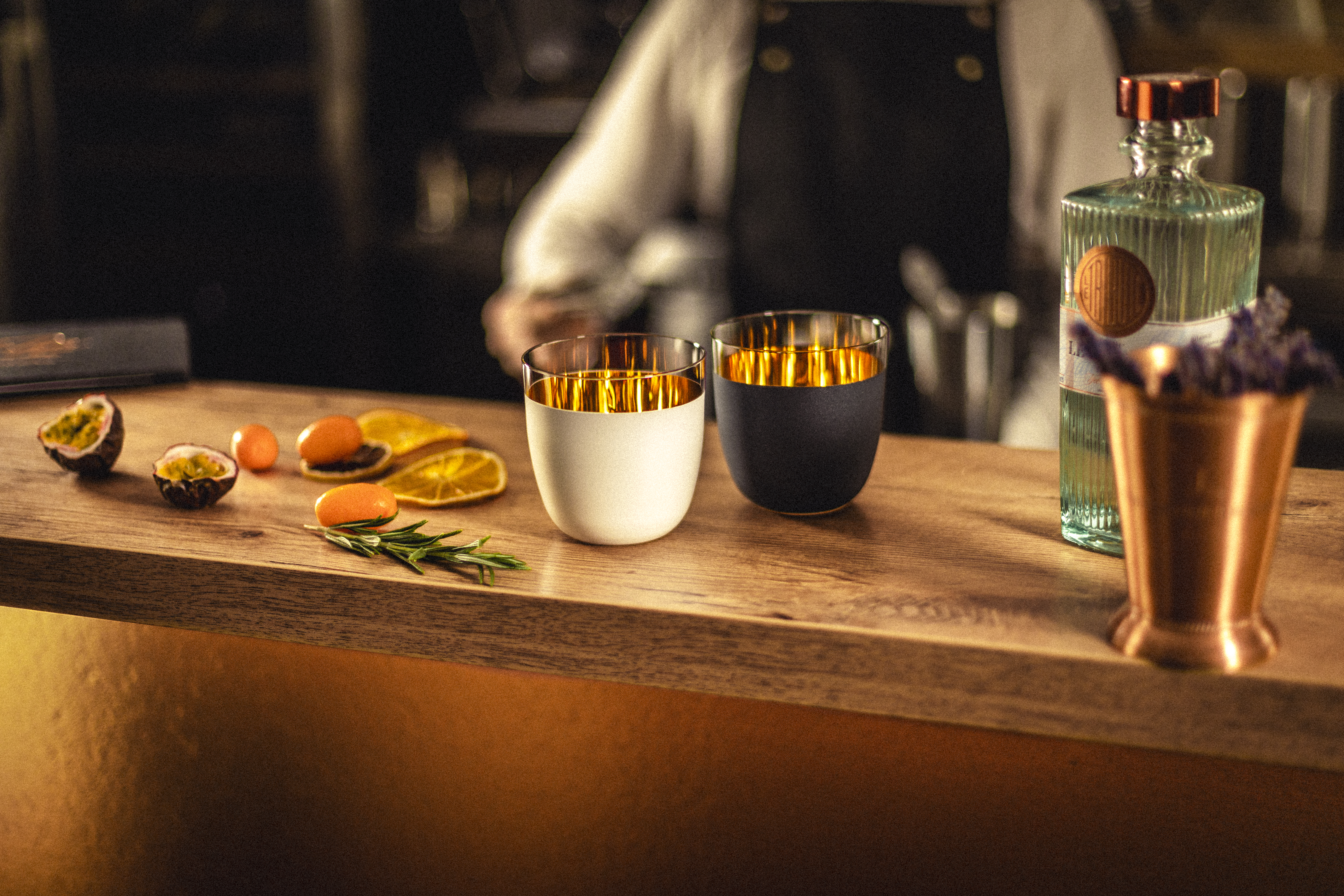 Cosmo gold cups in black and white in fresh bar scene