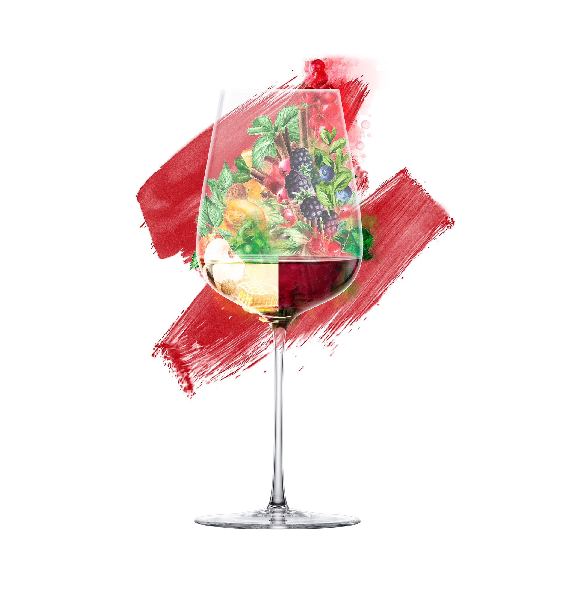 Glass with aroma images in front of a red background